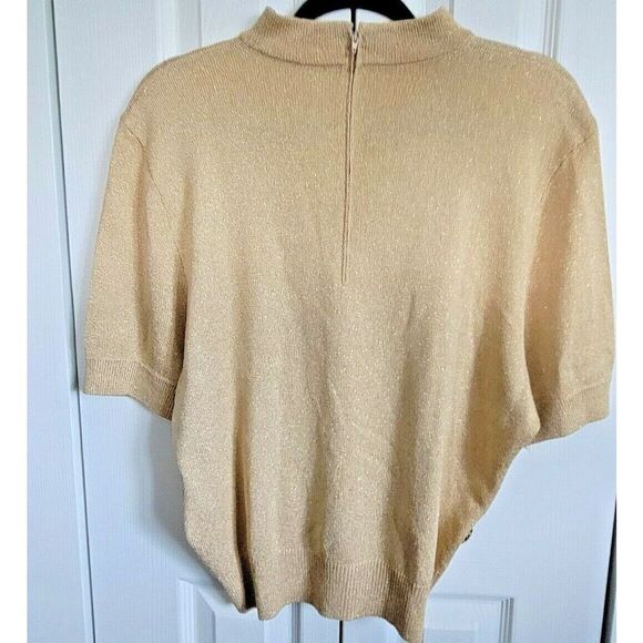 St. John L Vintage Gold Metallic Santana Knit SS Zip Back Sweater Mock Neck - Picture 2 of 5